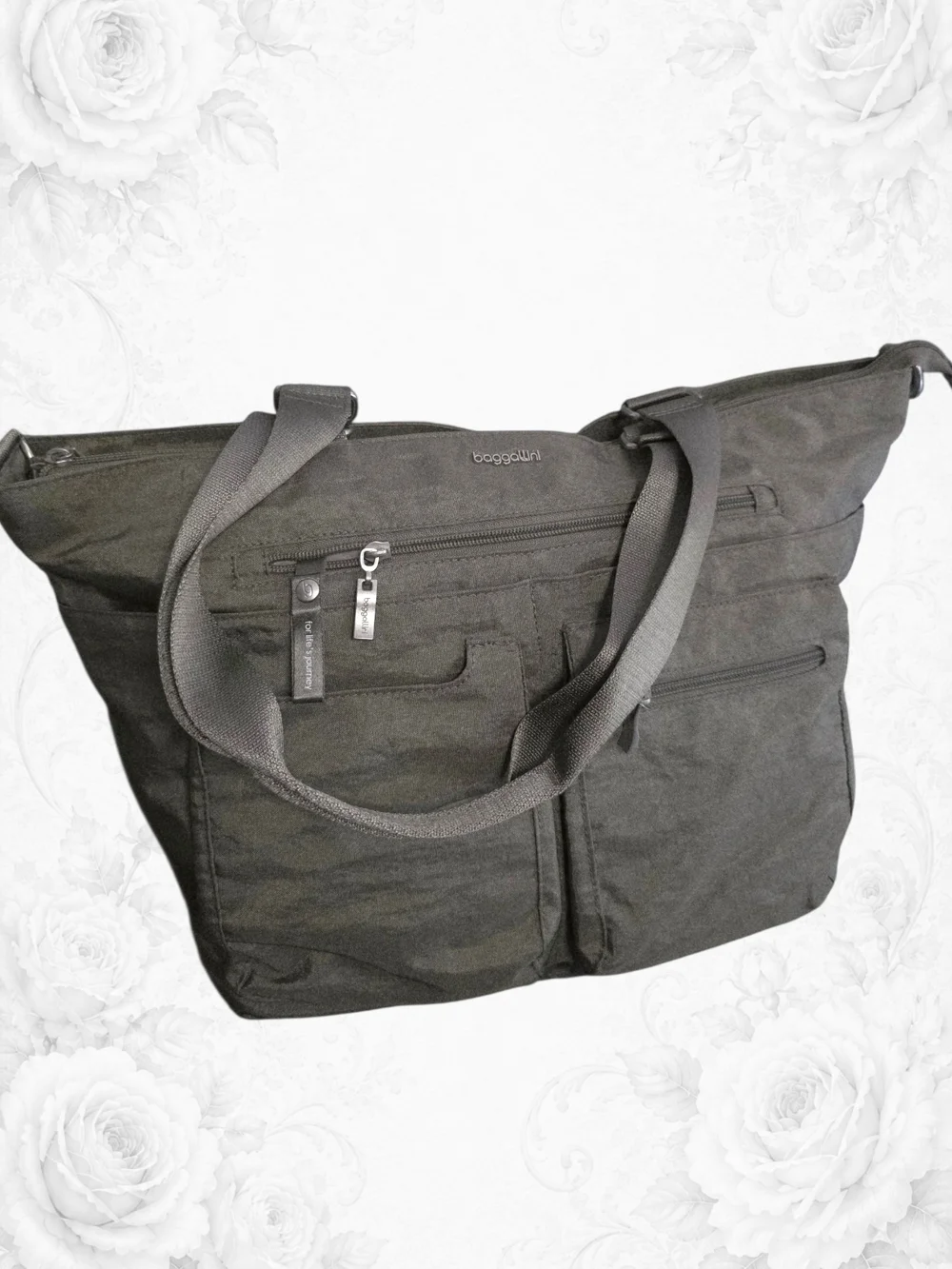 Baggallini Any Day Laptop Tote RFID Travel Work Bag Silver Metallic Gray